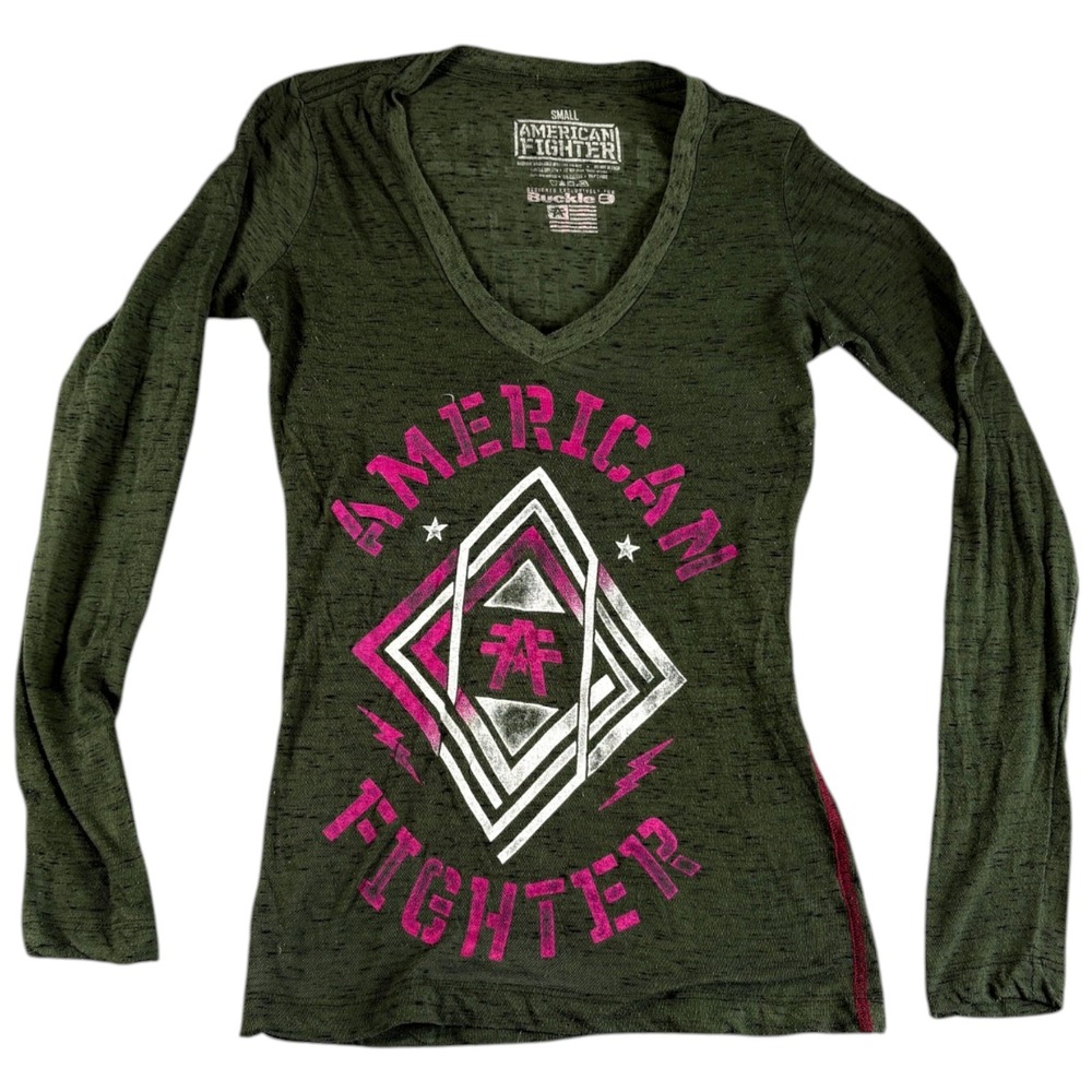 American Fighter Buckle Tee Shirt Women's S Green Graphic Y2K Long Sleeve V-Neck
